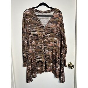 LOGO by Lori Goldstein Camo Print Button Front Cardigan Tunic 2X Camouflage